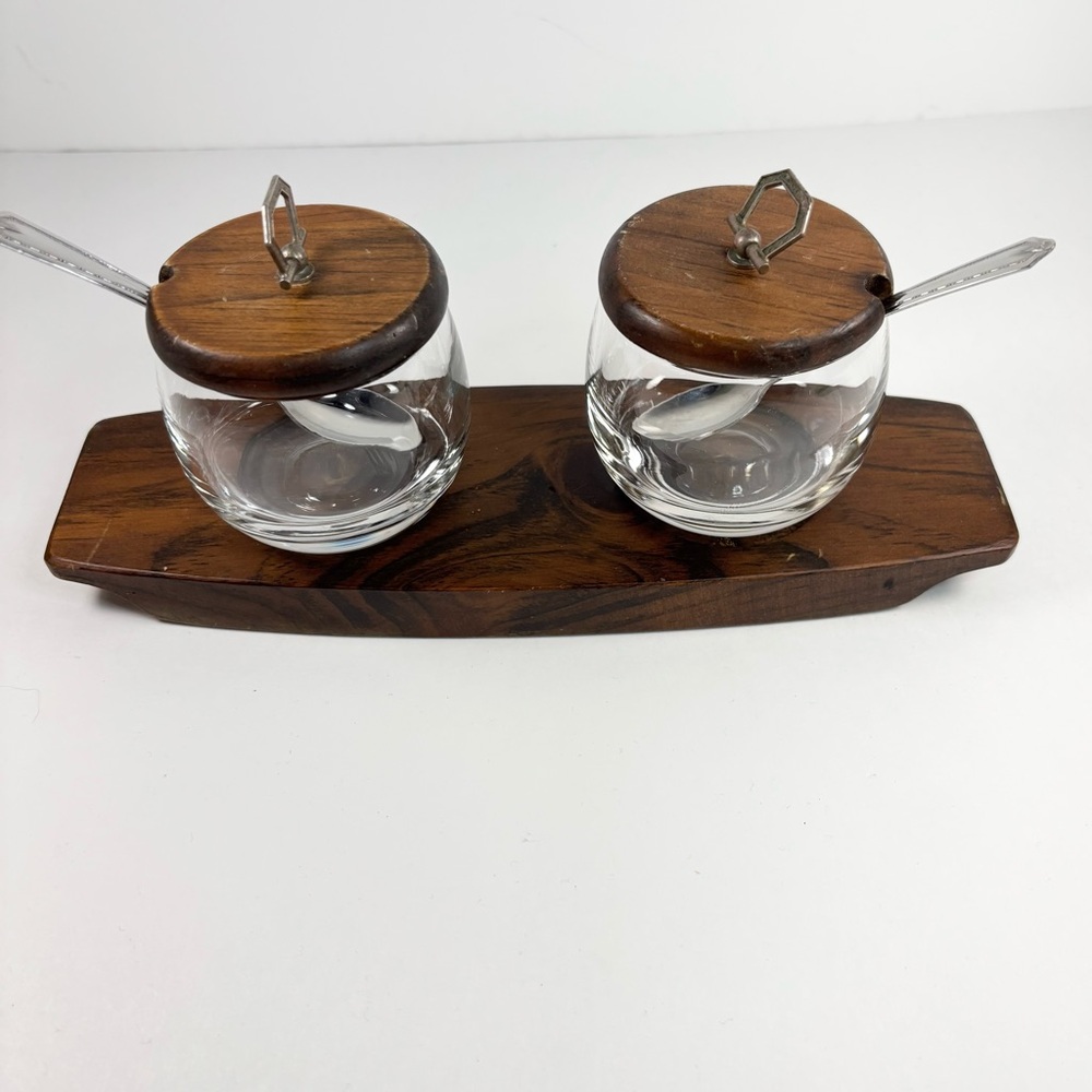 Vintage Mid Century Retro Glass Wood Double Condiment Server Tray Spoon